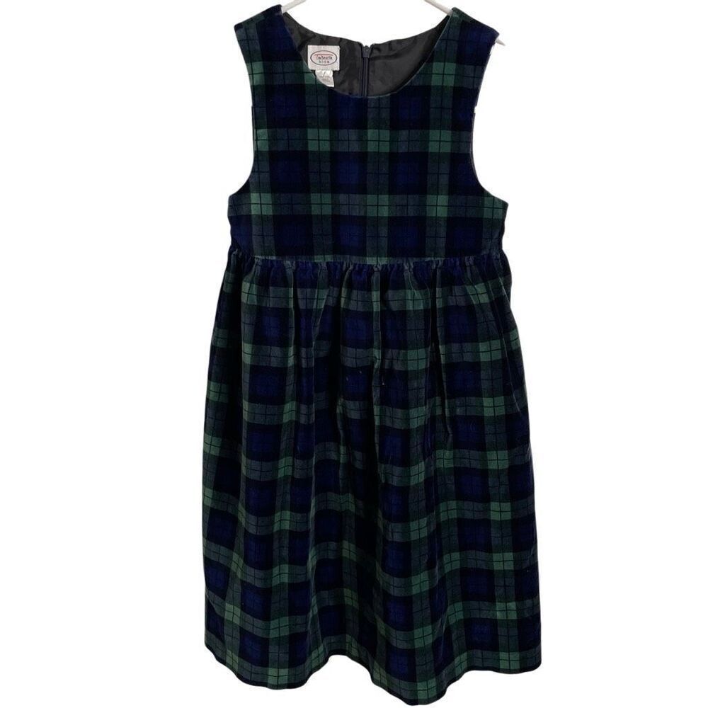 Vtg Talbots Kids Girls Velvet Black Watch Plaid Dress 7 Empire Waist Sleeveless